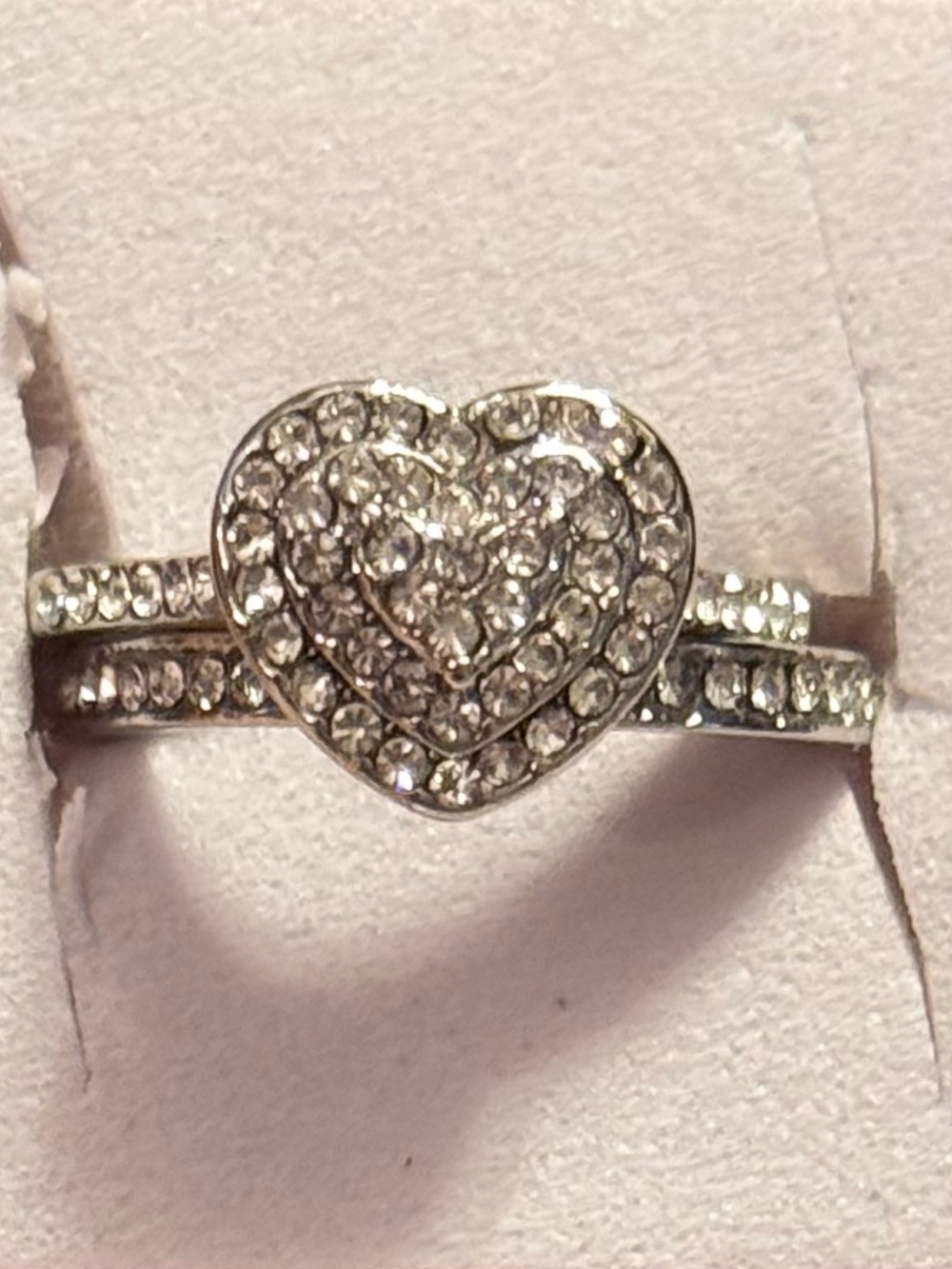 New Sterling Silver Heart Pavé Wedding Ring Set Size 8
